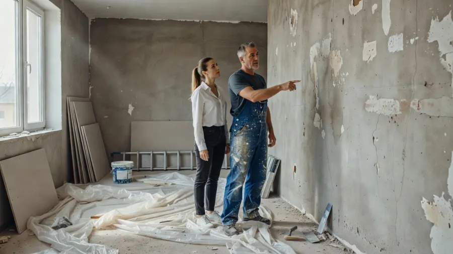 Un peintre professionnel montre l'état du support mural à une cliente avant d'établir le devis de rénovation.