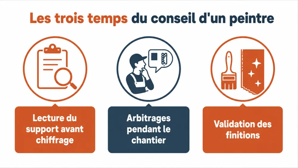 Infographie des trois temps du conseil d'un peintre : lecture du support, arbitrages et validation des finitions.