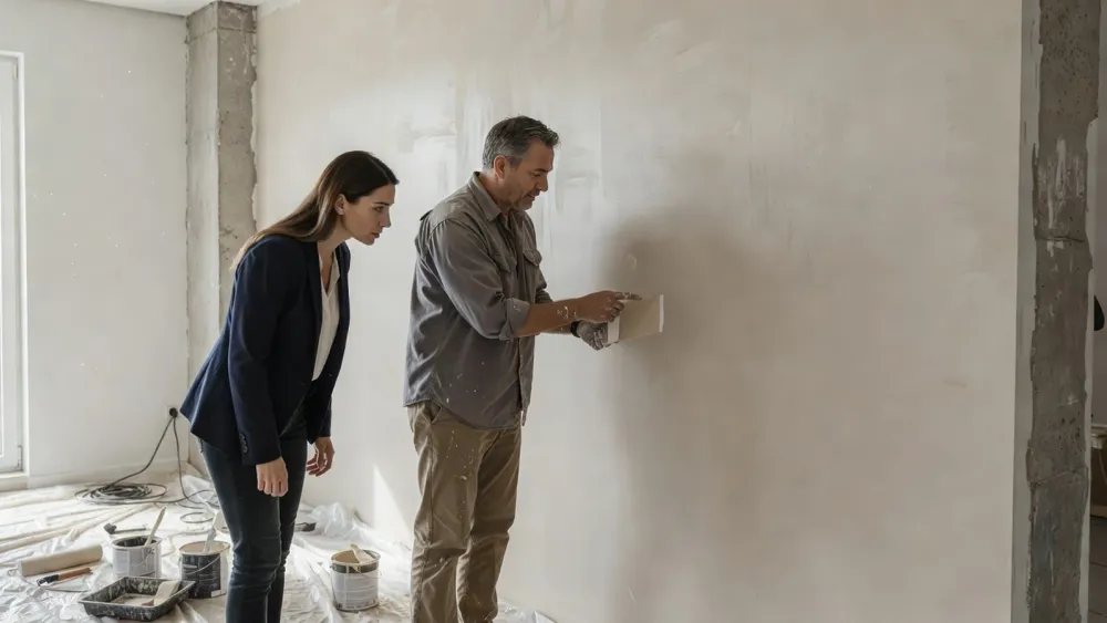 Le peintre et la cliente contrôlent ensemble la qualité des finitions avant la réception des travaux.