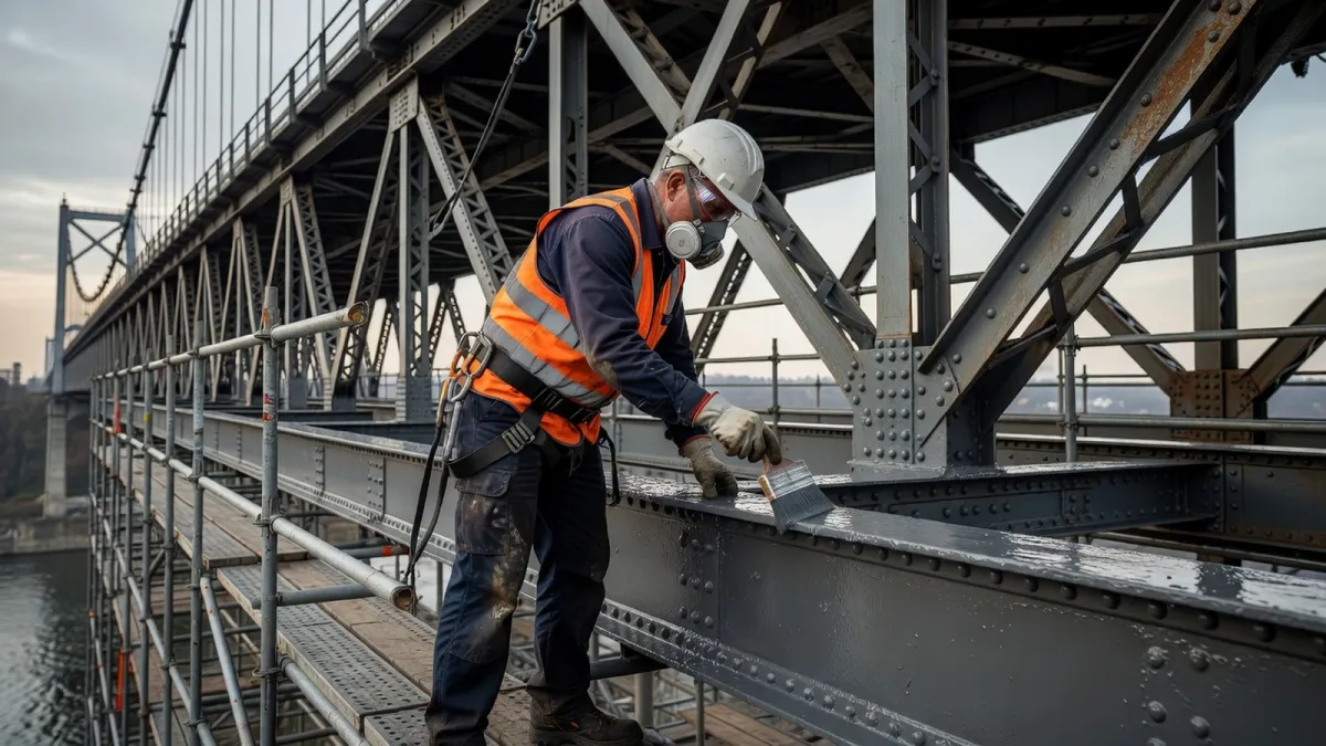 Un applicateur certifié applique un système de peinture anticorrosion sur la charpente métallique d'un pont.