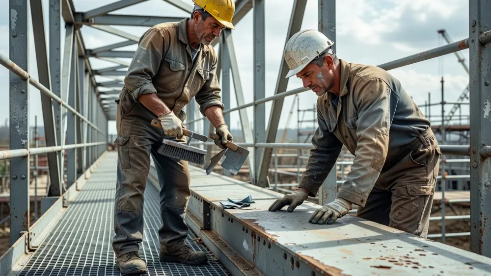 Deux professionnels préparent une passerelle métallique avant l'application d'un système anticorrosion.