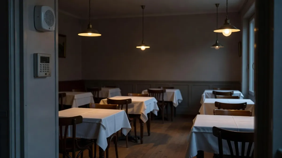 Alarme restaurant : clavier et sirène à l’entrée d’une salle de restaurant