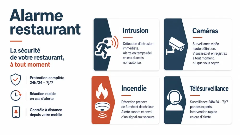 Infographie sur alarme restaurant : intrusion, caméras, incendie, télésurveillance
