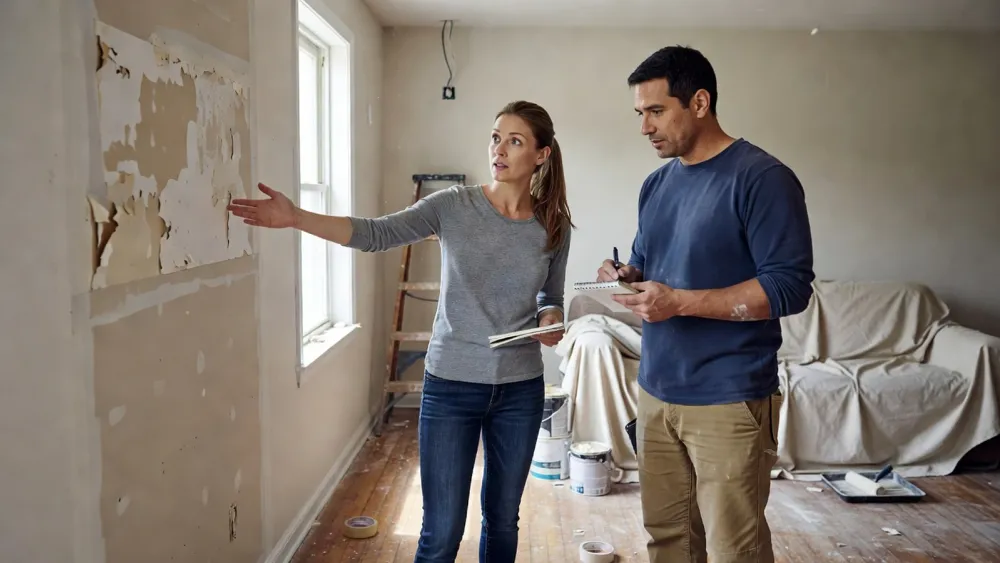 Une propriétaire indique un détail de travaux à un artisan dans une pièce en cours de rénovation.