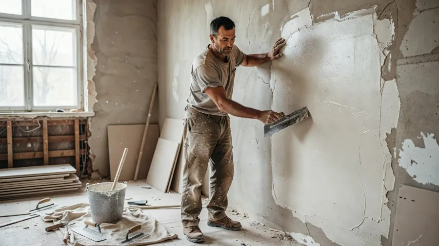 Artisan appliquant du plâtre sur un mur intérieur pendant des travaux de rénovation de maison.