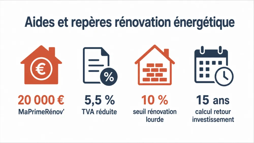 Récapitulatif des aides et coûts principaux pour des travaux de rénovation énergétique.