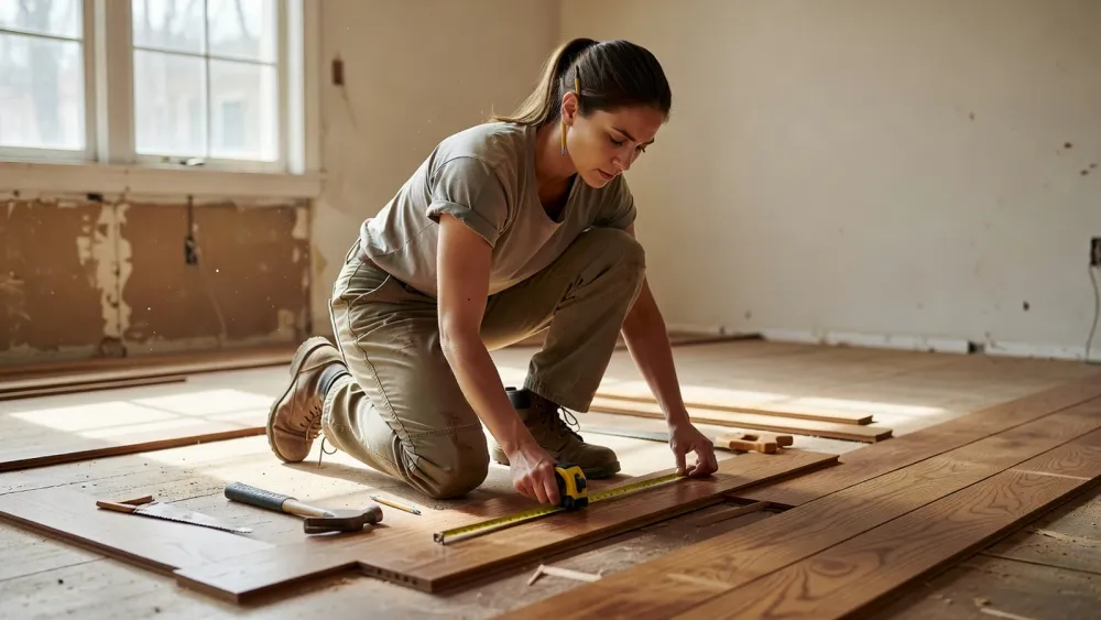 Artisan posant un revêtement de sol en bois dans une pièce en rénovation de maison.