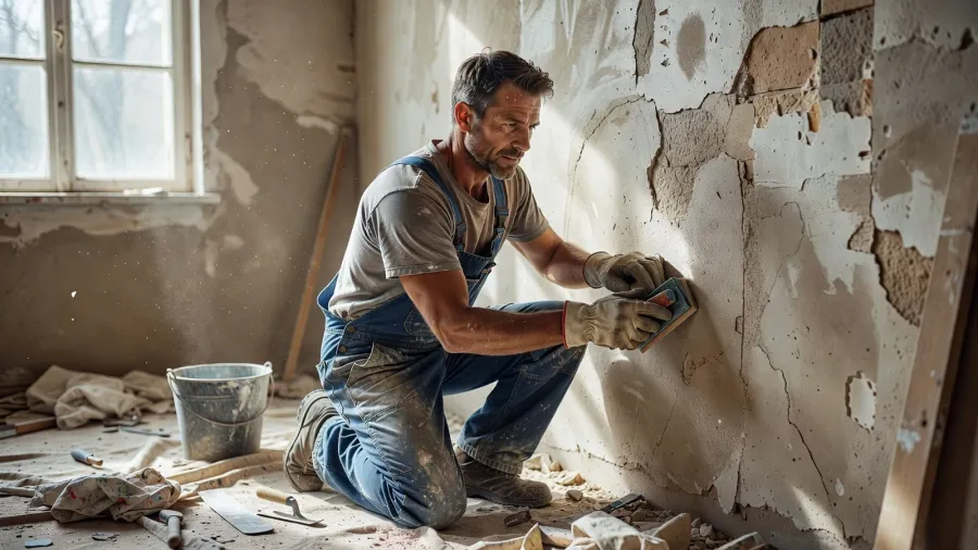 Un artisan peintre prépare minutieusement un mur avant application sur un chantier de rénovation.
