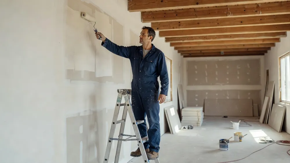 Un peintre applique la peinture de finition sur un mur neuf lors d’un chantier de construction.