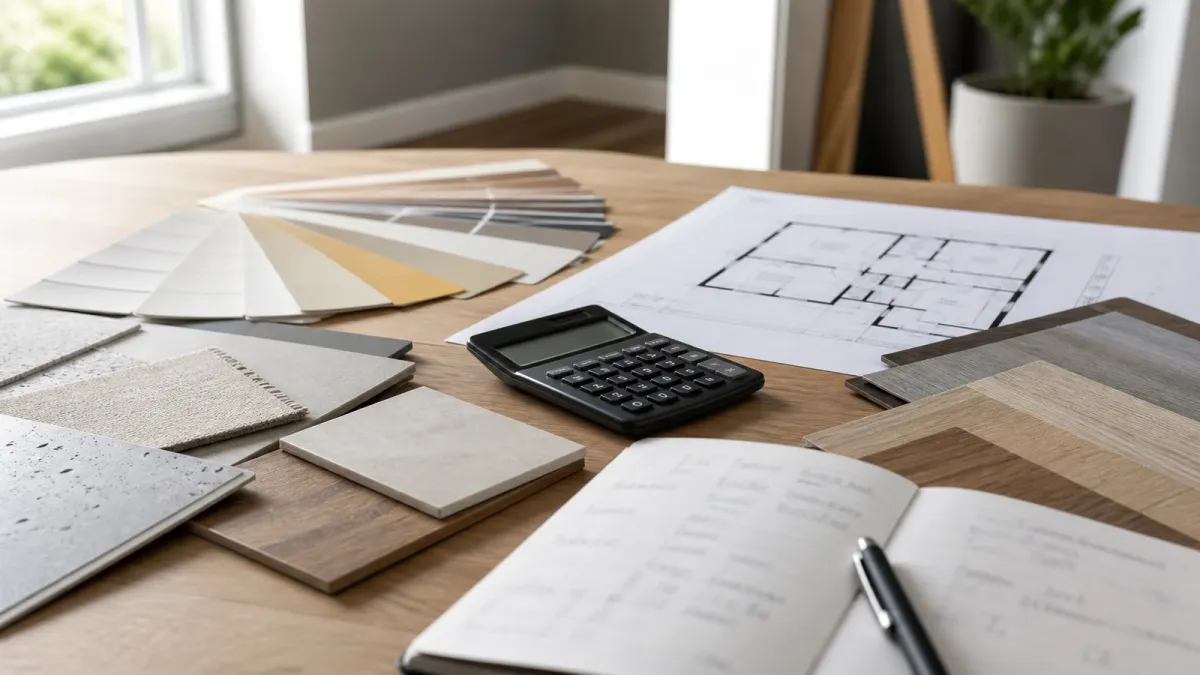 Table de préparation d’un budget rénovation avec matériaux et calculatrice