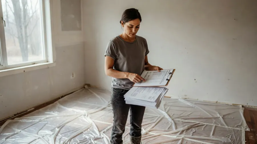 Une femme vérifie les factures de rénovation contre le budget prévu dans une pièce en travaux.