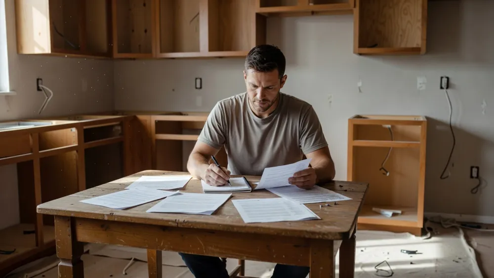 Un homme reporte les montants des factures pour ajuster le budget de rénovation.