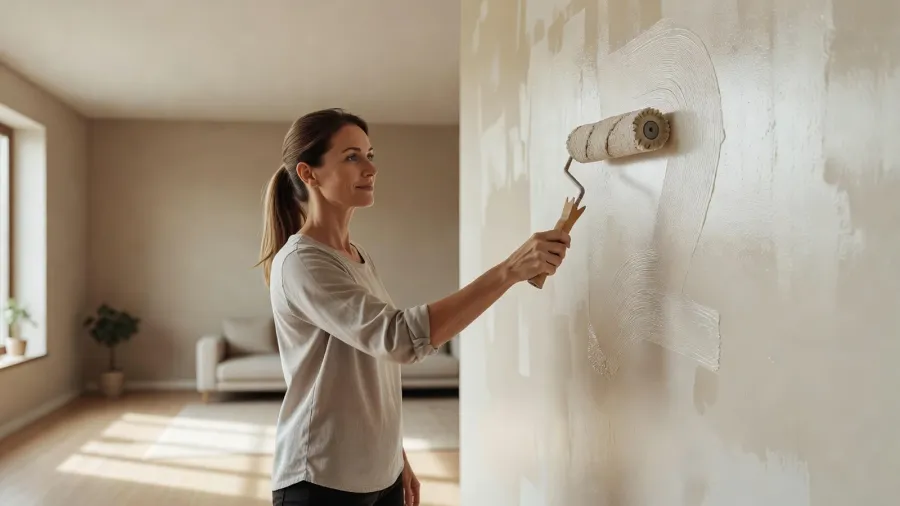 Femme appliquant de la peinture au rouleau sur un mur de salon pour vérifier la tenue et la qualité.