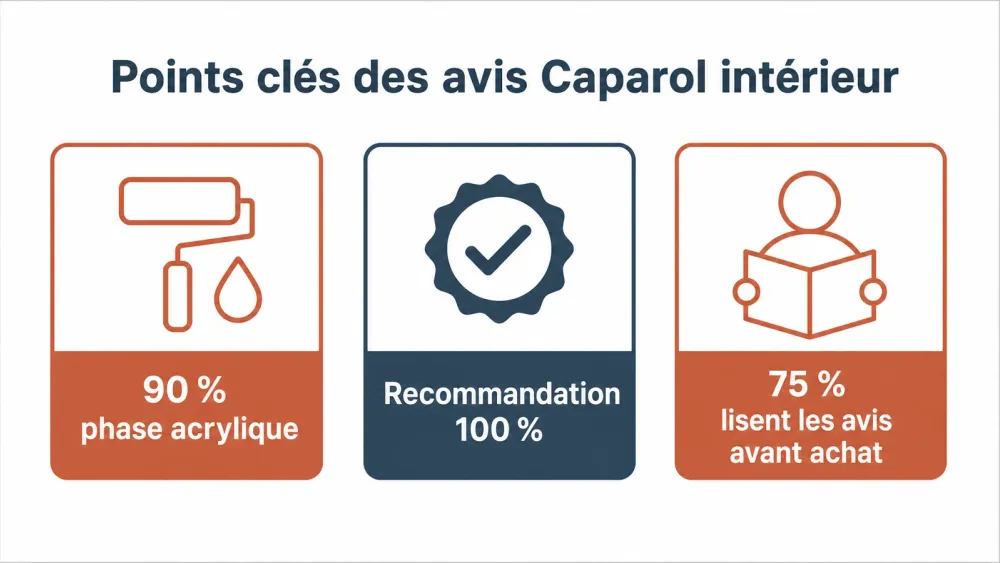 Infographie résumant les retours sur la qualité acrylique, la recommandation client et la lecture des avis pour la peinture Caparol.