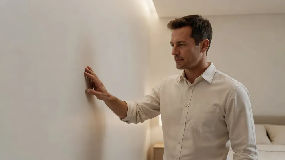 Homme vérifiant la finition et la tenue de la peinture sur un mur de chambre après application.