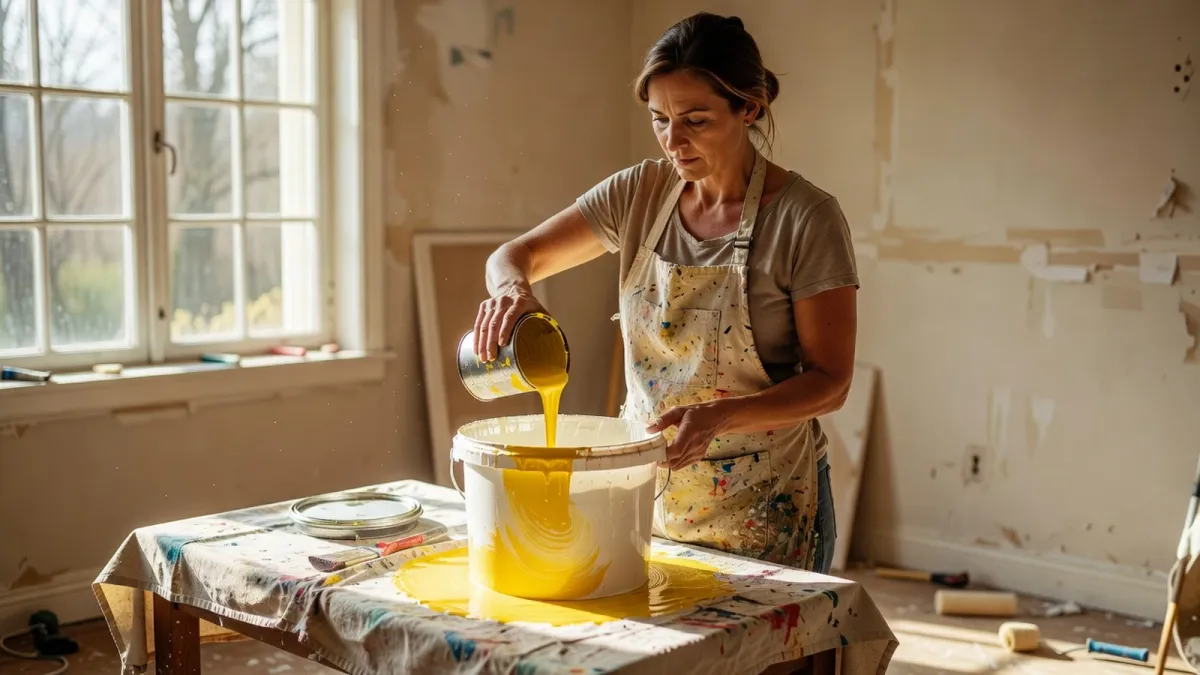 Une femme verse de la peinture jaune dans un seau de peinture blanche pour créer un mélange de base beige lumineux.