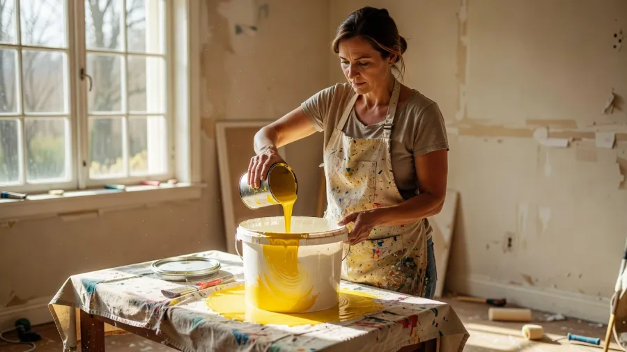 Une femme verse de la peinture jaune dans un seau de peinture blanche pour créer un mélange de base beige lumineux.