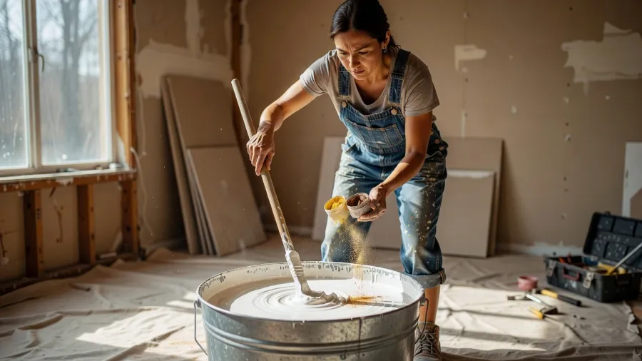 Une femme mélange de la peinture blanche avec des pigments jaunes et marron pour obtenir un beige naturel.