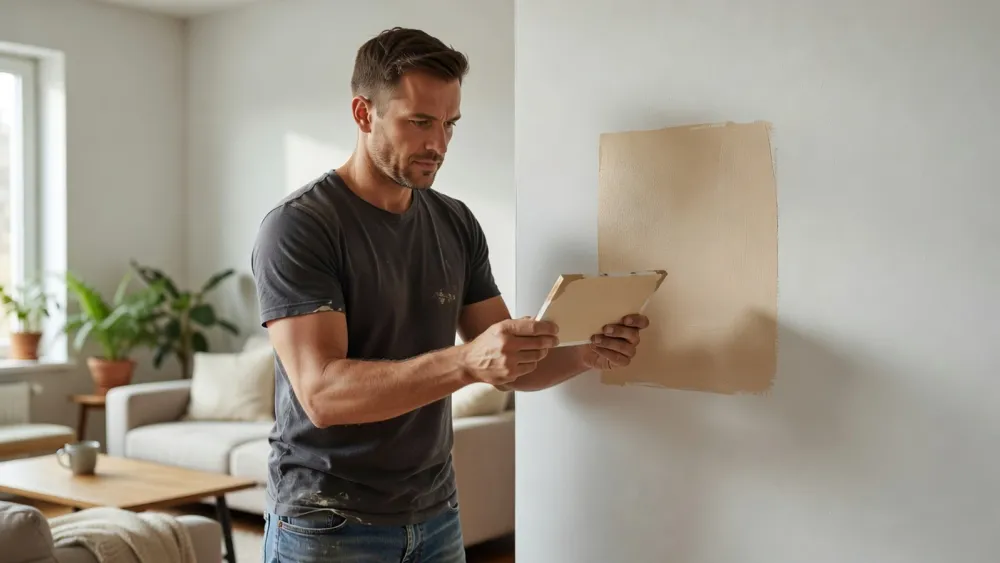 Un homme teste son mélange de peinture beige sur une petite planche avant d'appliquer sur le mur.