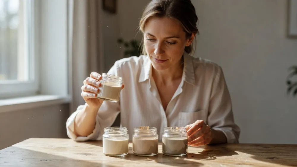 Une femme prépare plusieurs petits récipients pour tester des teintes de beige sous différents éclairages.