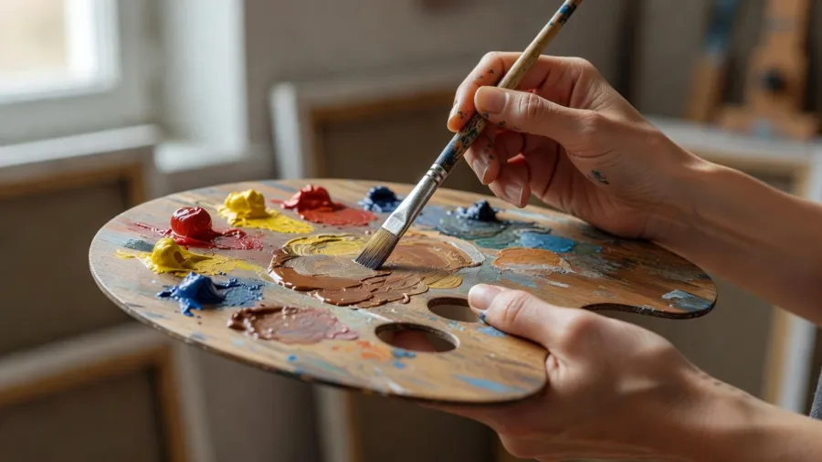 Une femme dose les couleurs primaires sur une palette pour obtenir une teinte marron précise.