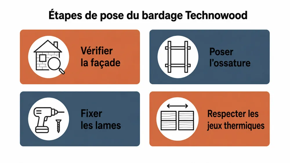 Schéma des quatre étapes clés pour une pose durable du bardage composite Technowood.