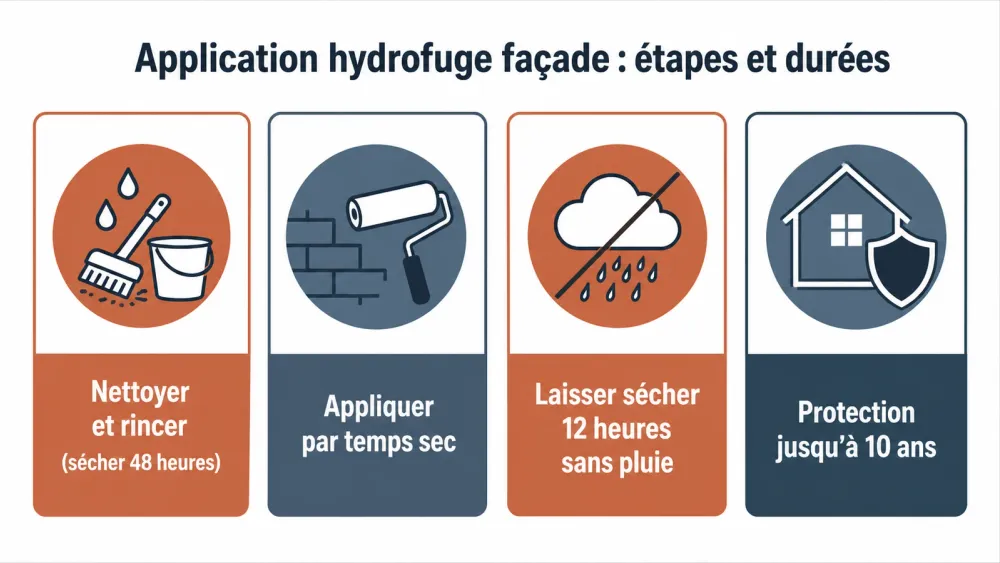 Schéma des quatre étapes de préparation et d’application d’un hydrofuge façade avec durées de séchage et de protection