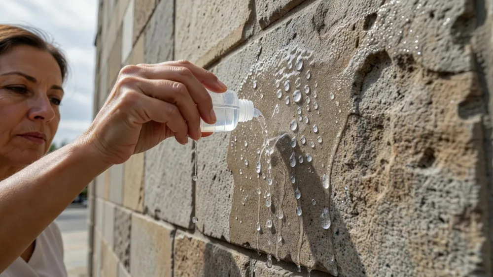 Femme versant de l’eau sur une façade traitée pour vérifier l’effet perlant de l’hydrofuge