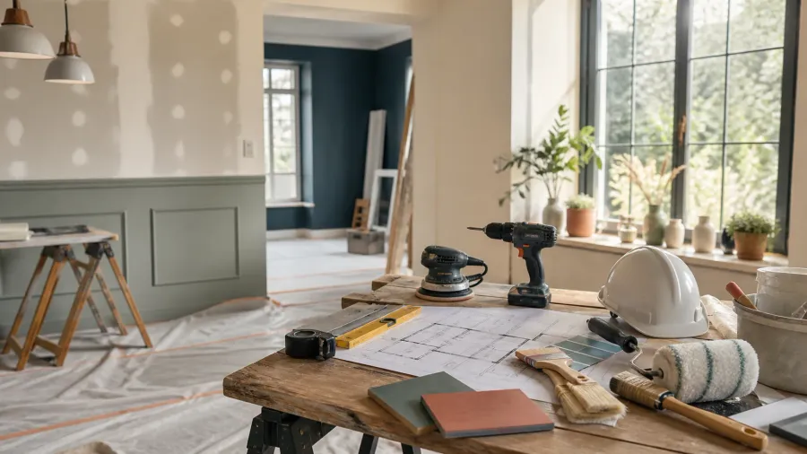 Chantier de rénovation préparé avec matériel et plans avant les travaux