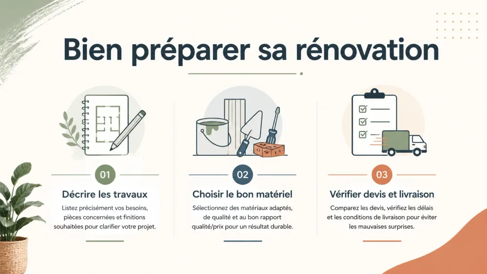Infographie en français sur la préparation d’une rénovation, du besoin matériel au devis