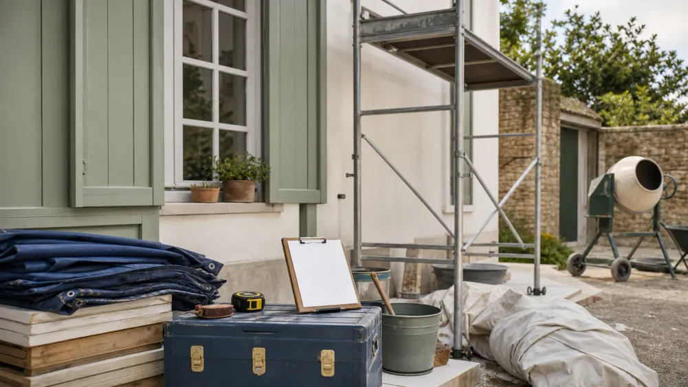 Zone de chantier domestique organisée avec outils, échafaudage et checklist