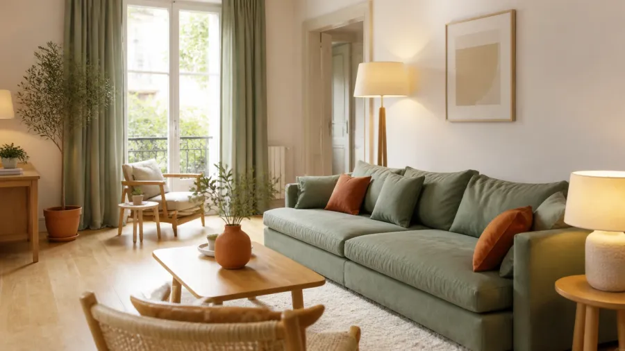 Salon lumineux avec une palette blanc cassé, vert sauge et terracotta