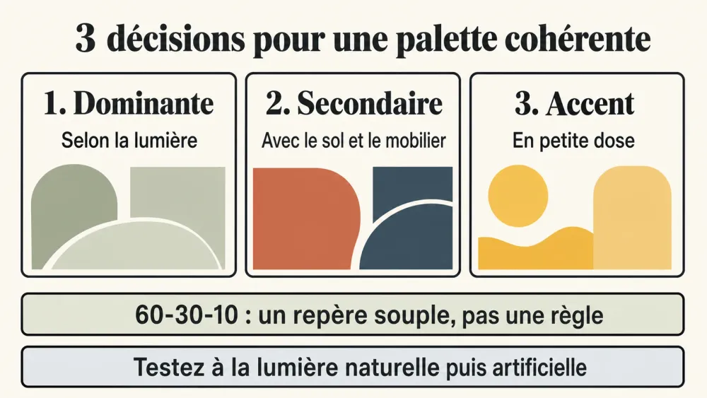 Infographie des trois décisions pour choisir une palette de décoration intérieure
