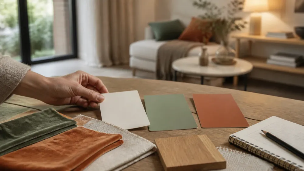Échantillons de couleurs, tissus et bois réunis pour préparer une décoration intérieure