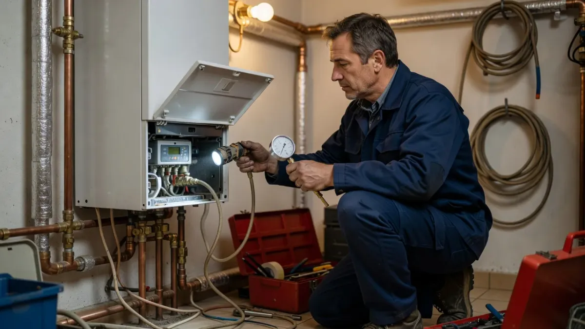 Un chauffagiste contrôle une chaudière murale à gaz avec une lampe et un manomètre dans un local technique.