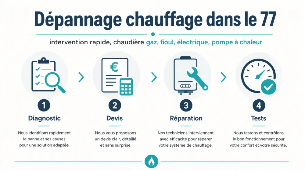 Infographie des quatre étapes d’un dépannage de chauffage dans le 77 : diagnostic, devis, réparation et tests.