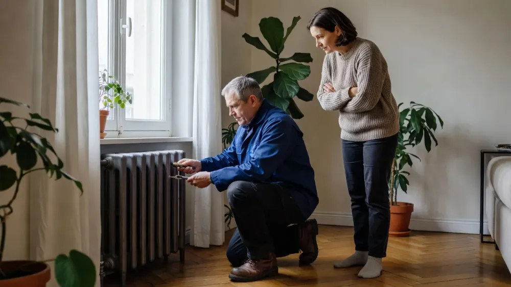 Un technicien vérifie un radiateur en fonte dans un salon pendant que la propriétaire observe l’intervention.