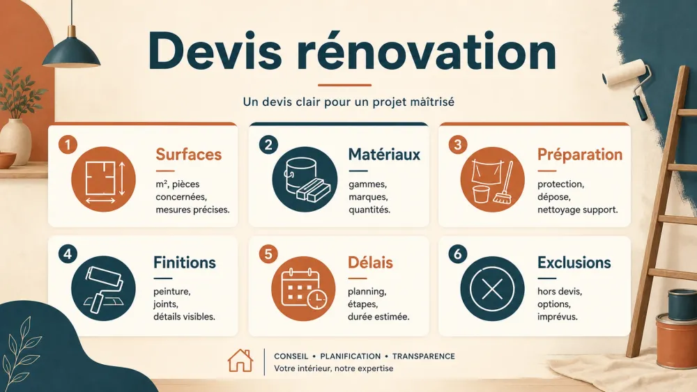 Infographie française des points à vérifier dans un devis rénovation