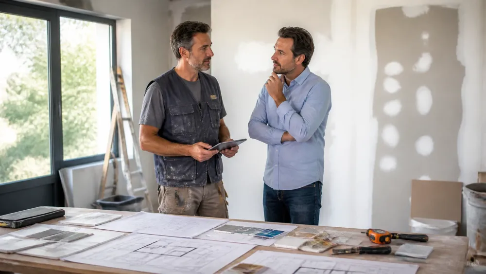 Artisan et propriétaire discutant d’un devis rénovation dans une pièce à refaire