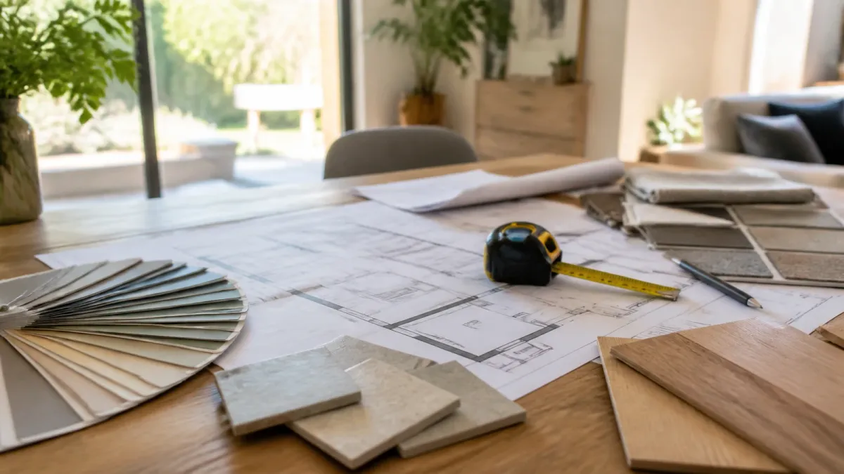 Plan de rénovation avec mètre et échantillons de matériaux pour estimer les travaux