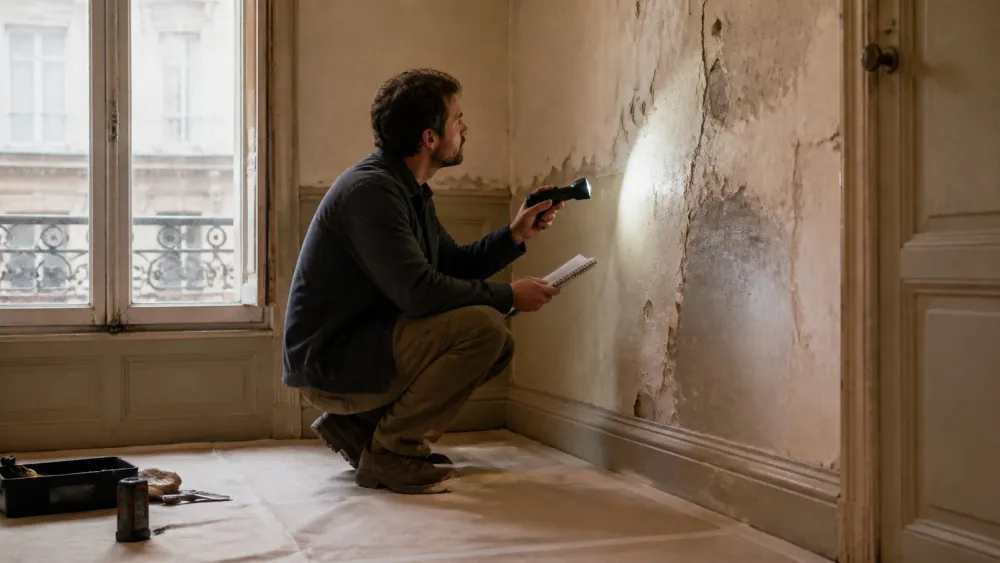 Mur ancien inspecté avant estimation de rénovation intérieure