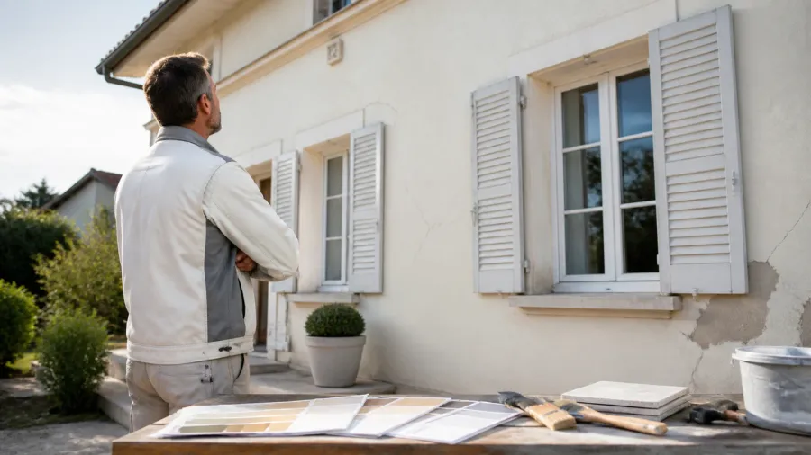 Façade de maison observée avant rénovation avec échantillons de teintes