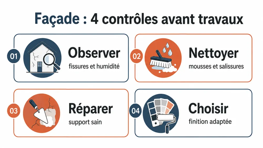 Infographie des quatre étapes à suivre avant de rénover une façade