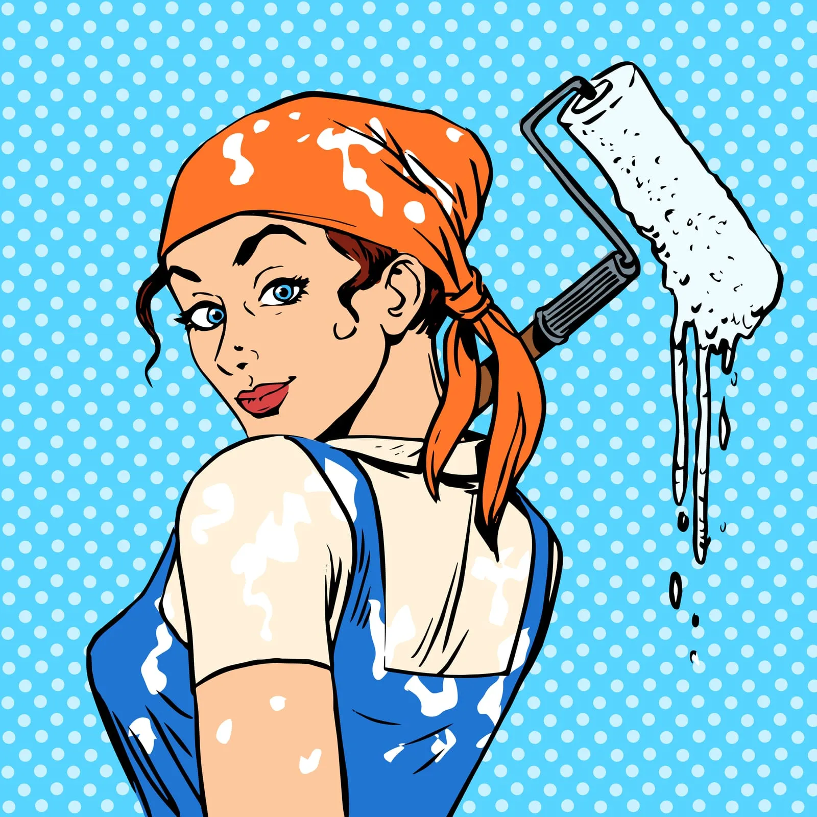 Illustration pop-art d’une peintre avec un rouleau sur fond bleu