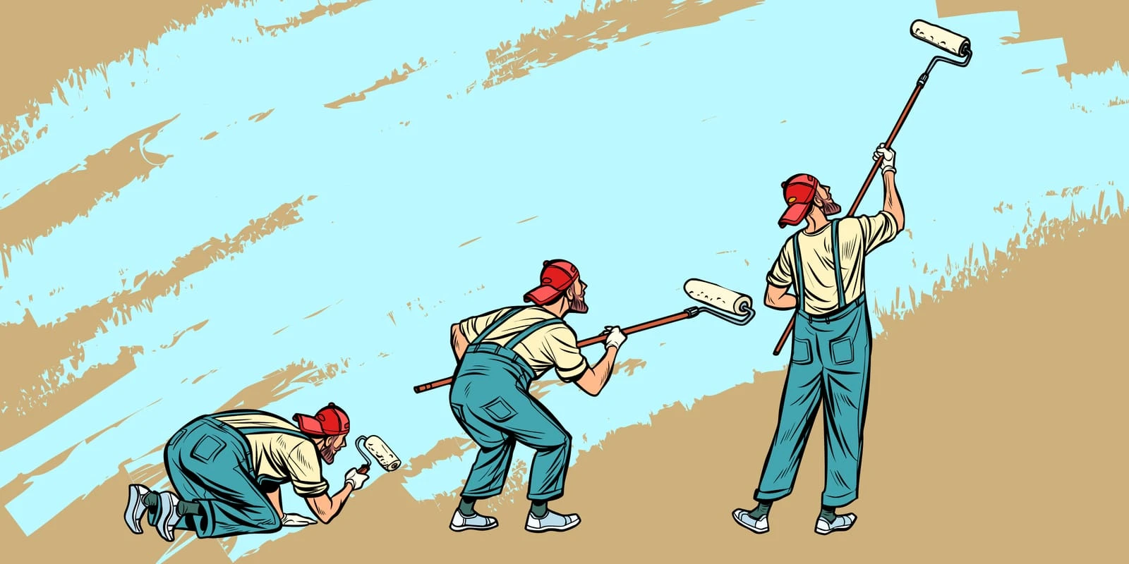 Illustration rétro de peintres au travail avec des rouleaux de peinture