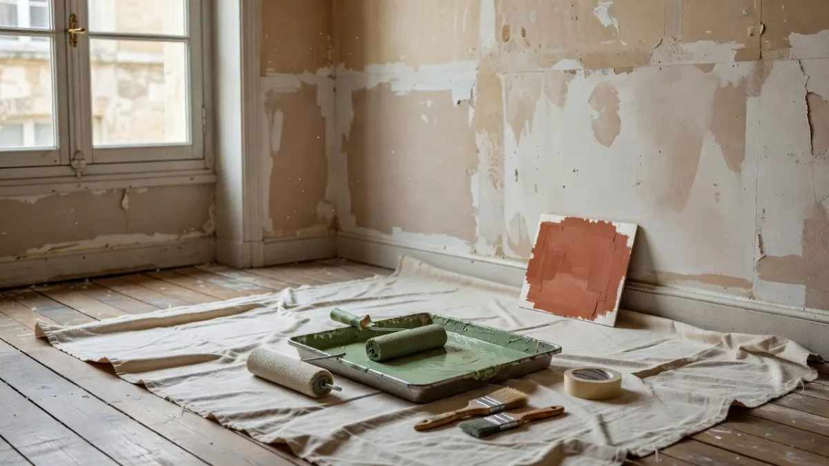 Pièce en rénovation préparée pour la peinture, avec bac, rouleau et teinte vert sauge