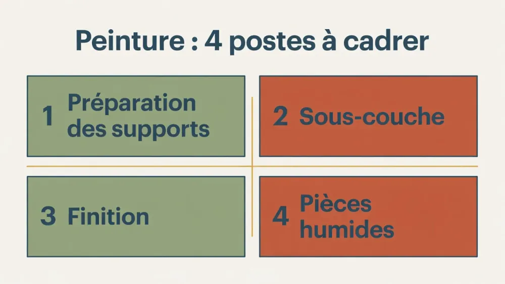 Infographie française : peinture, 4 postes à cadrer — préparation, sous-couche, finition, pièces humides