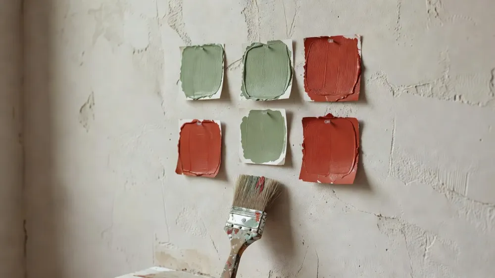 Échantillons de peinture et pinceau sur un mur en plâtre pendant une rénovation