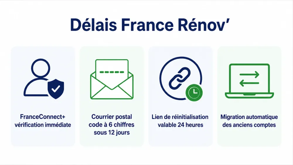 Infographie des méthodes de vérification d'identité et des délais officiels pour MaPrimeRénov'.