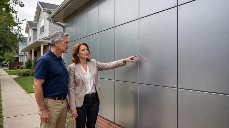 Un couple examine les panneaux d’isolation extérieure installés sur la façade de leur maison.